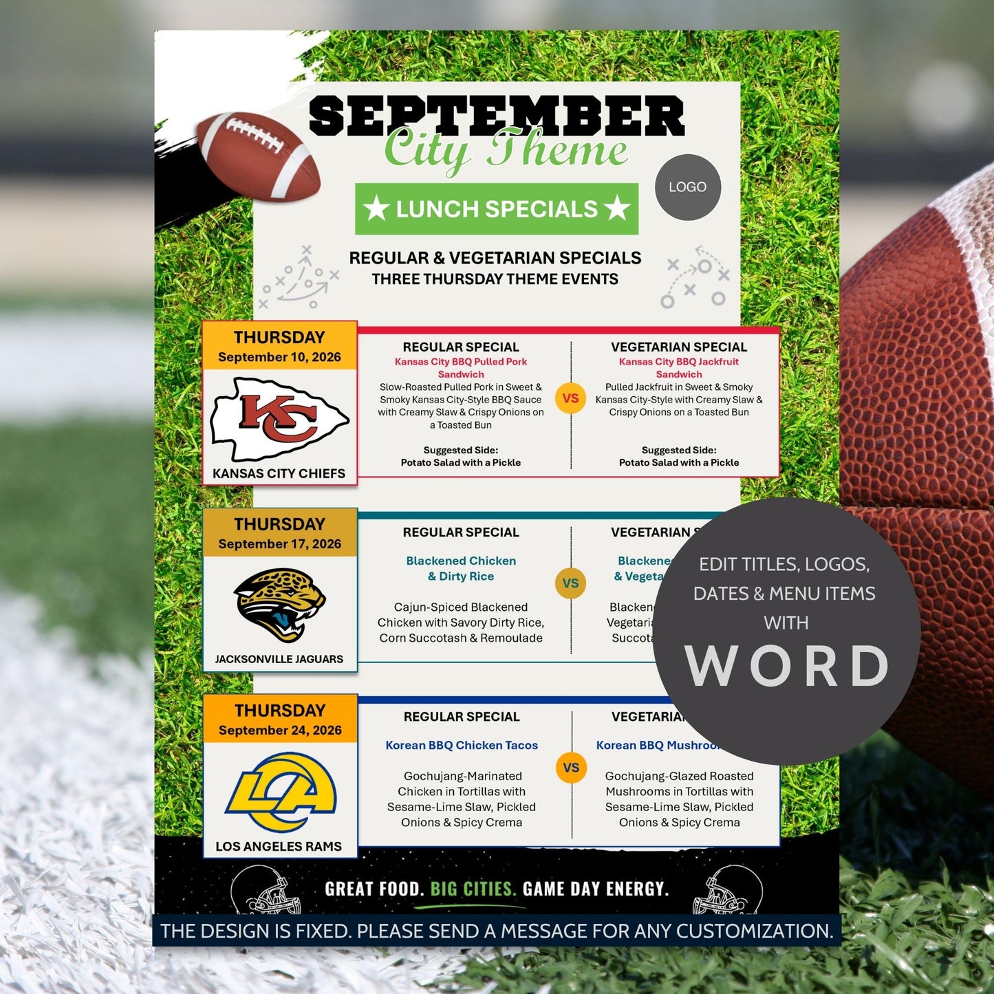 A football-themed lunch specials menu flyer template displayed on a green grass background with footballs on either side. The flyer includes sample event dates, sections for regular and vegetarian specials, team logos, and a circular badge that reads 'EDIT TITLES, LOGOS, DATES & MENU ITEMS WITH WORD'.