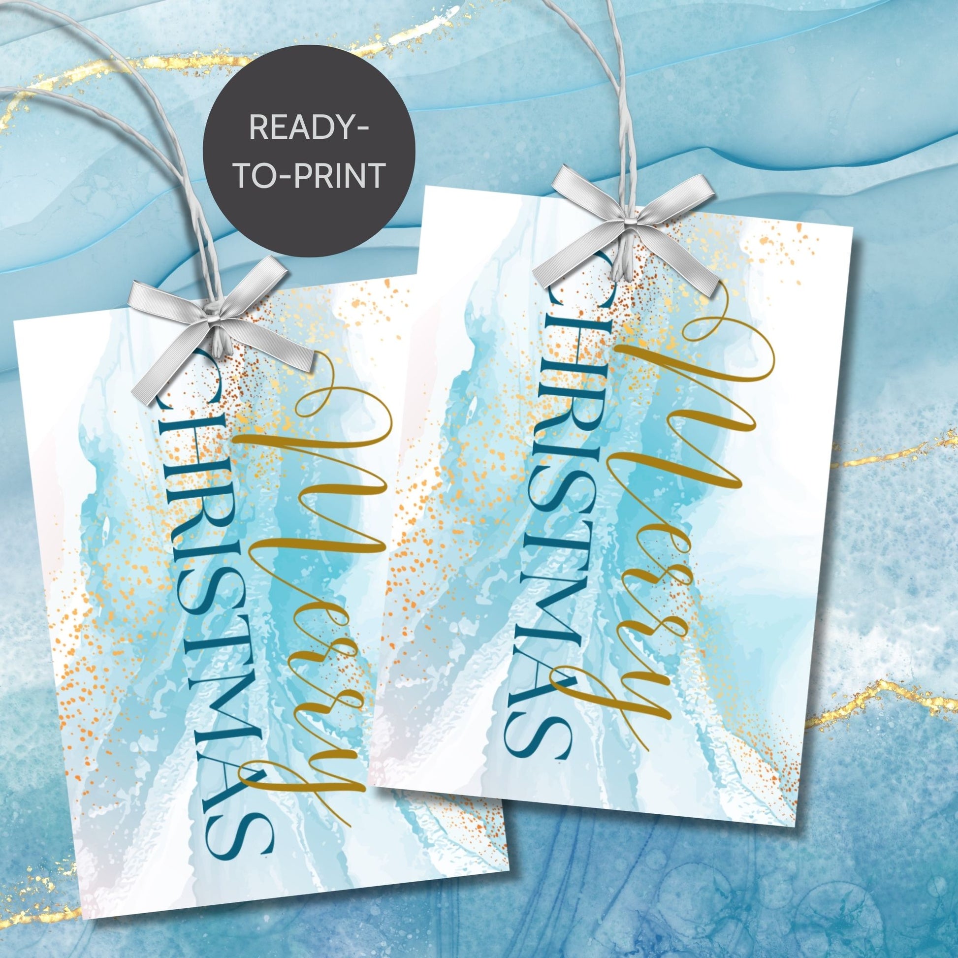 Blue and gold marble Christmas gift tags featuring a luxurious design with gold accents and elegant "Merry Christmas" text, sized 2.5 x 3.5 inches, 8 per sheet.