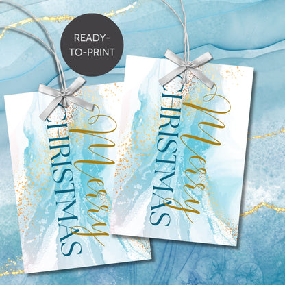 Blue and gold marble Christmas gift tags featuring a luxurious design with gold accents and elegant "Merry Christmas" text, sized 2.5 x 3.5 inches, 8 per sheet.