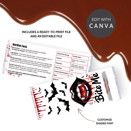 Chocolate packaging with 'Bite Me' design and nutrition facts, featuring Canva editing options.