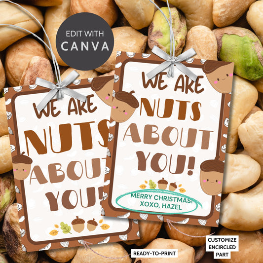 Printable and editable "We Are Nuts About You" Christmas gift tags featuring an acorn-themed design, perfect for nut-themed gifts or holiday treats. Includes 8 tags per sheet and Canva customization.