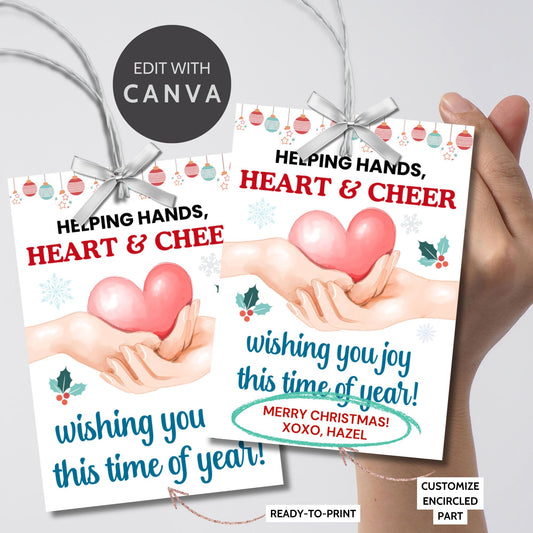 A set of 8 editable holiday gift tags with the message 'Helping Hands, Heart & Cheer - Wishing You Joy This Time of Year!' featuring a heart cradled in hands, holly, snowflakes, and festive baubles. Ideal for nurses, occupational therapists, and caregivers.