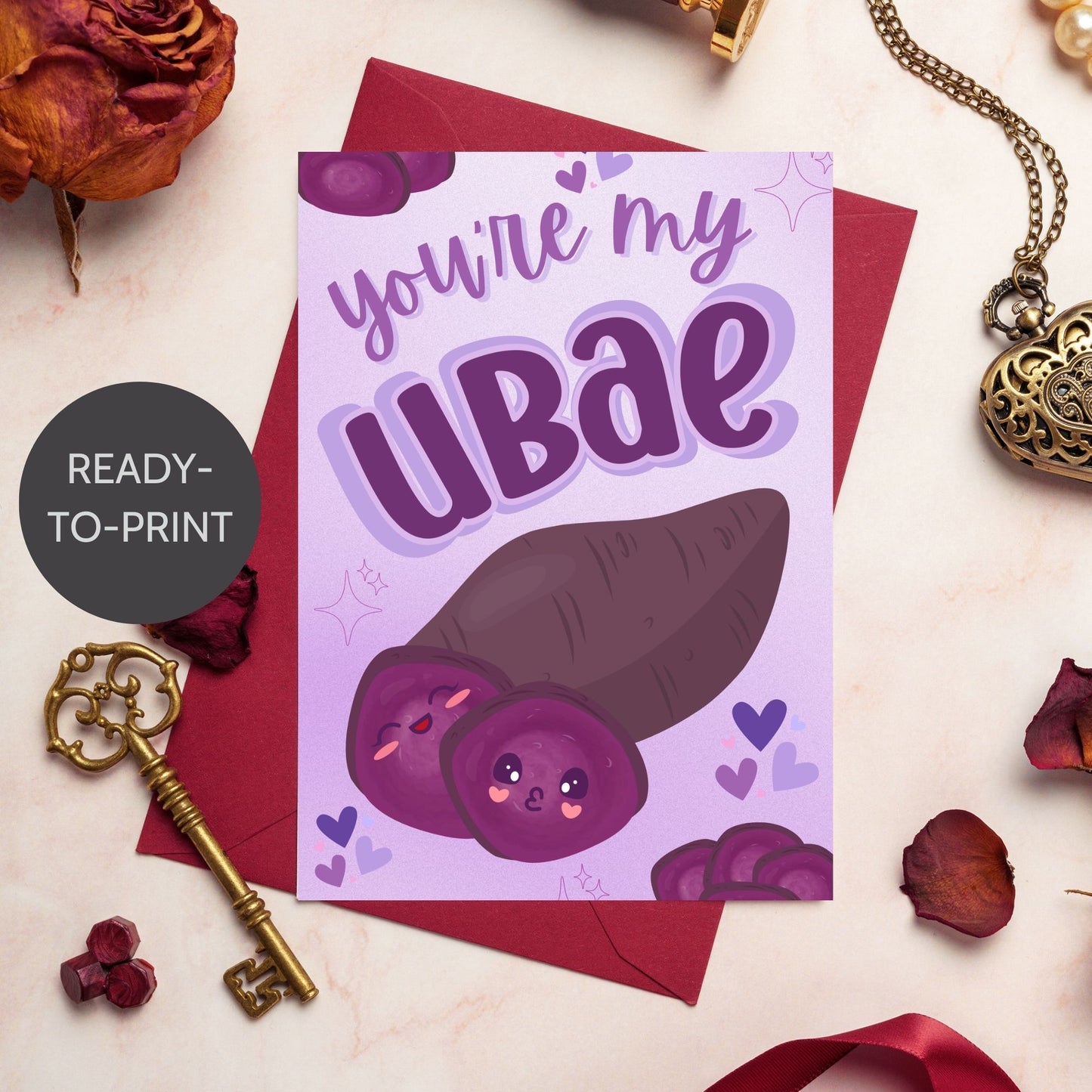 Printable Valentine’s Day card featuring the phrase “You’re My UBAE” with a cute and colorful ube-themed design. Designed as a 5x7 PDF on an 8.5 x 11 sheet with two cards per page. A punny and heartfelt Valentine’s card for ube lovers.