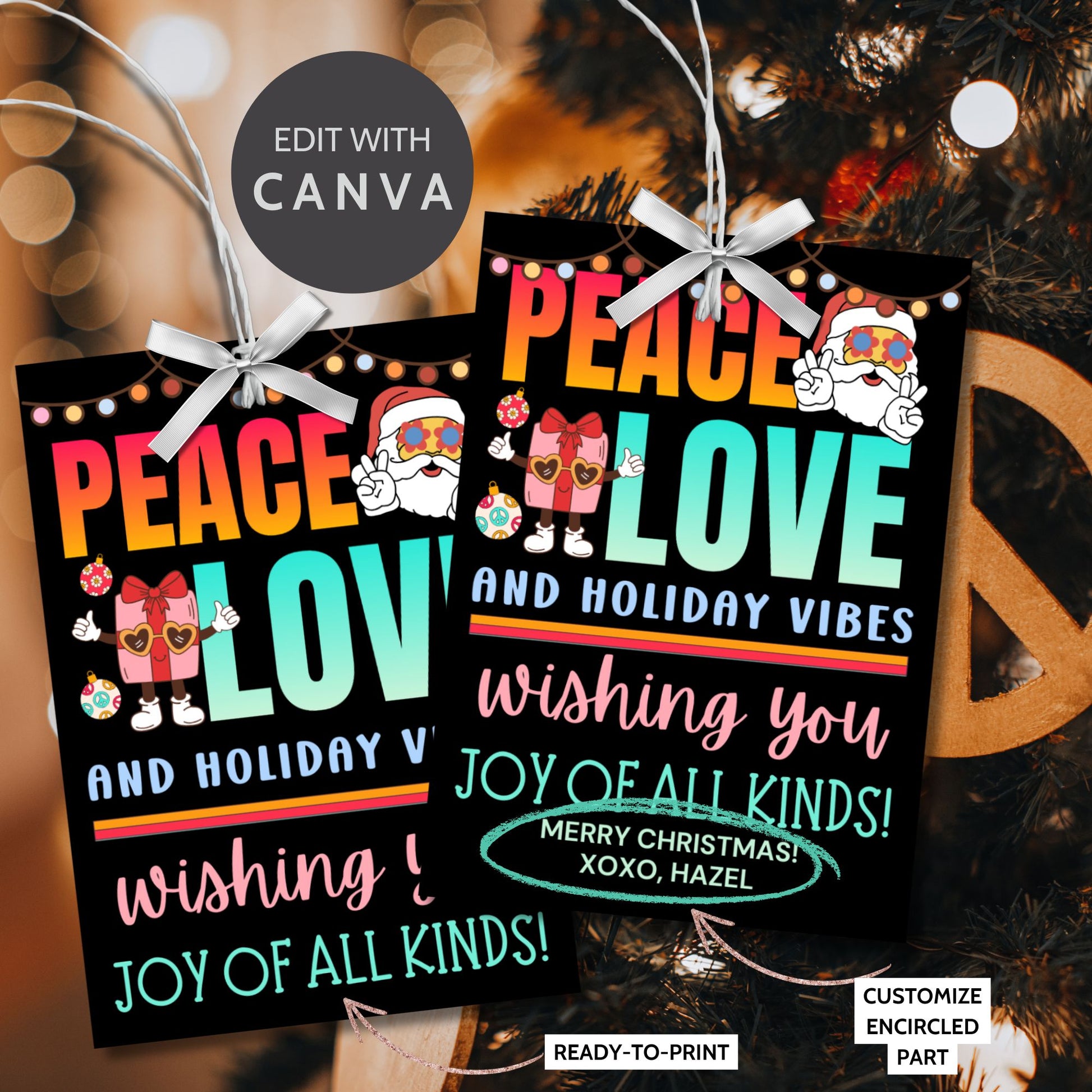 Colorful hippie-themed holiday gift tags with bold retro fonts, peace and love design elements, and Santa Claus in groovy style.