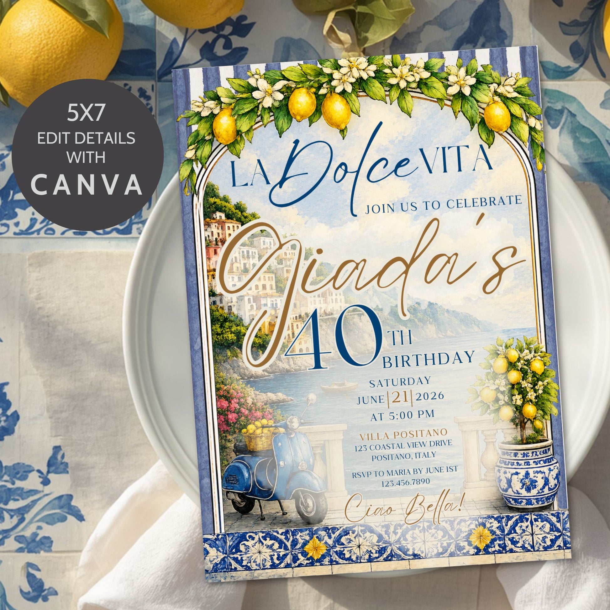 Editable La Dolce Vita party invitation template featuring Amalfi Coast scenery, lemons, blue Italian tiles, Positano coastal artwork, vintage scooter, and elegant Mediterranean typography in blue and gold.