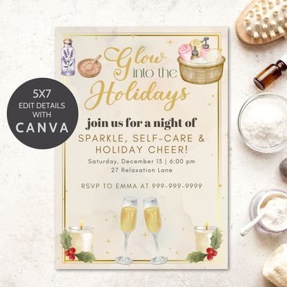 Editable Glow into the Holidays spa party invitation with elegant winter glow design, featuring pastel gold and blush accents, customizable Canva template, printable 5x7 invite for Christmas self-care event.
