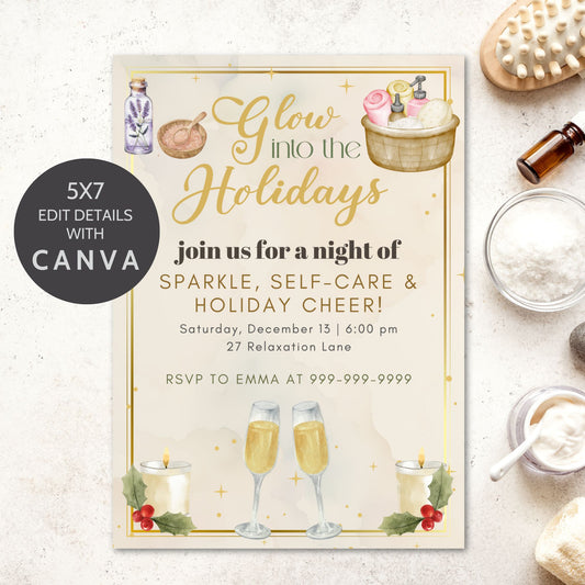 Editable Glow into the Holidays spa party invitation with elegant winter glow design, featuring pastel gold and blush accents, customizable Canva template, printable 5x7 invite for Christmas self-care event.