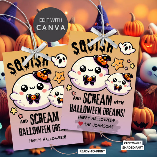 Adorable Halloween gift tags featuring squishy ghost characters with witch hats, designed for Squishmallow gifts. The tag reads "Squish and Scream with Halloween Dreams!" and is ideal for adding a fun and festive touch to your Halloween presents. Each tag is 2.5 x 3.5 inches and comes with a printable PDF and an editable template.