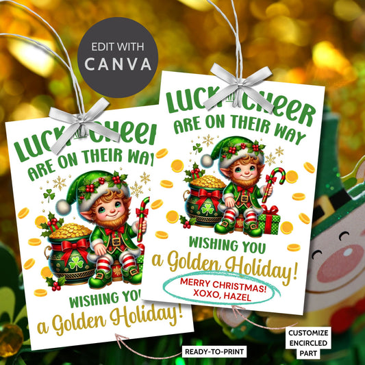 Festive leprechaun-themed holiday gift tags featuring a cheerful elf in a green outfit, surrounded by golden coins, presents, and candy canes. The tag reads 'Luck and Cheer are on Their Way - Wishing You a Golden Holiday!'