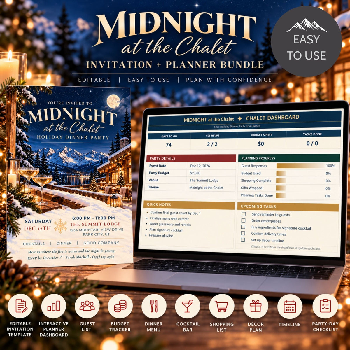 Promotional graphic for a digital invitation and planner bundle titled 'Midnight at the Chalet.' The design shows a dark holiday-themed invitation card, a laptop displaying a chalet dashboard, and a round badge that says 'Easy to Use.