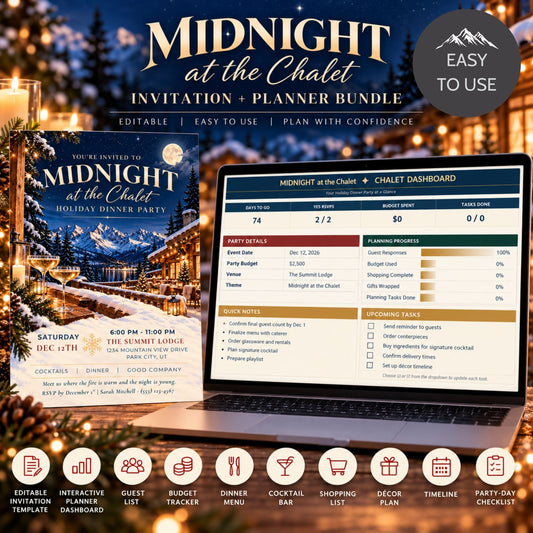 Promotional graphic for a digital invitation and planner bundle titled 'Midnight at the Chalet.' The design shows a dark holiday-themed invitation card, a laptop displaying a chalet dashboard, and a round badge that says 'Easy to Use.