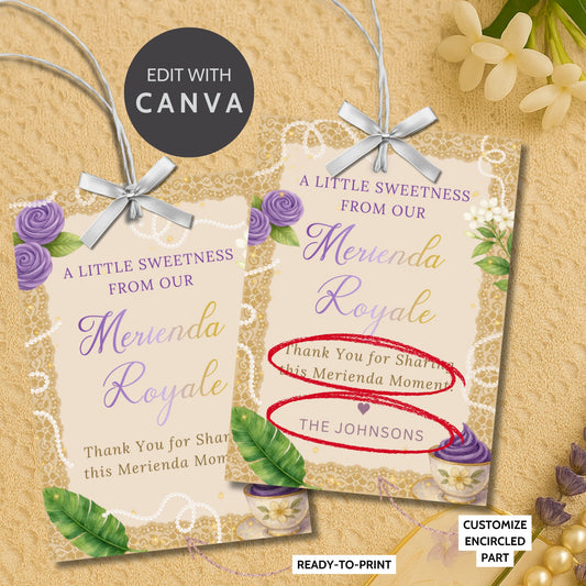 Filipino Tea Party printable and editable gift tags featuring ube and gold luxe design with sampaguita florals — perfect for Merienda Royale parties, bridal showers, or Filipino celebrations.