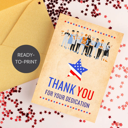 Printable Labor Day Thank You Cards - 5x7 size, featuring a patriotic design, perfect for employee appreciation, with an additional separate 5x7 PDF file.