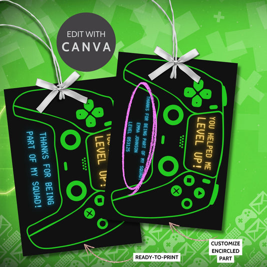 Editable gamer-themed gift tag with neon green controller and “You Helped Me Level Up” message, ideal for graduation, birthdays, or team party favors