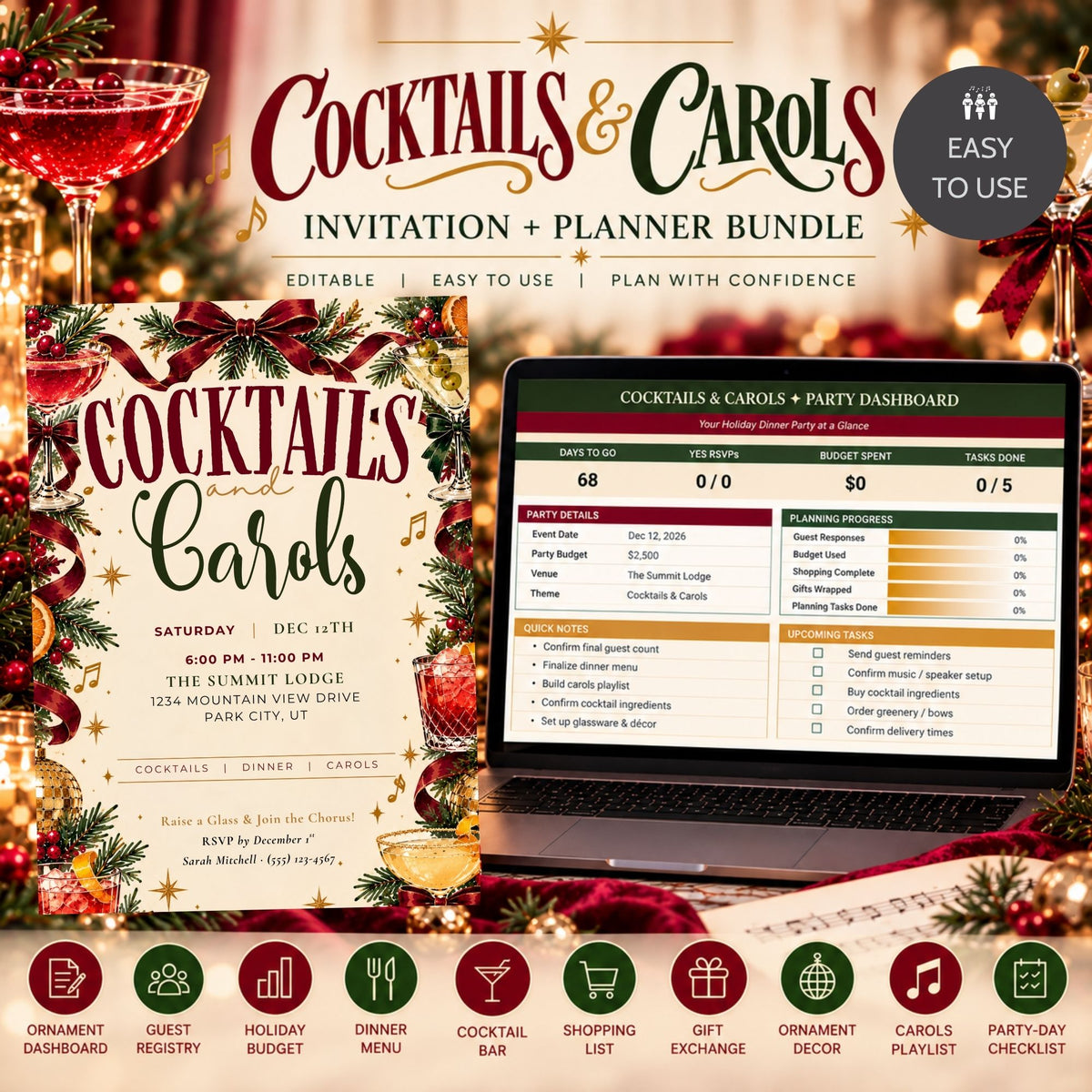 Promotional graphic for a 'Cocktails & Carols' invitation and planner bundle, showing a decorated invitation card, a laptop mockup with a party dashboard, and festive holiday background elements.