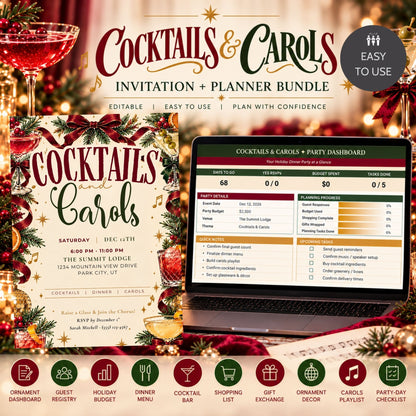 Promotional graphic for a 'Cocktails & Carols' invitation and planner bundle, showing a decorated invitation card, a laptop mockup with a party dashboard, and festive holiday background elements.