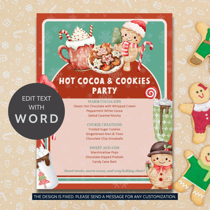 Hot Cocoa & Cookies Party Editable Menu Template featuring cocoa mugs, cookies, and festive red-and-white holiday accents on printable 8.5x11 Word layout.