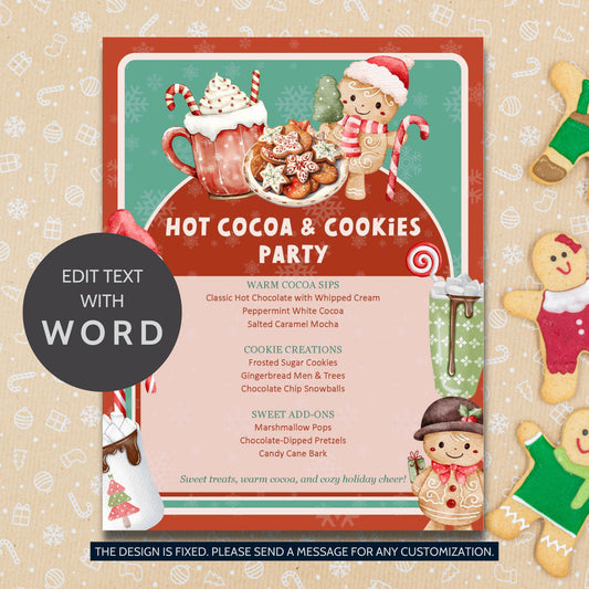 Hot Cocoa & Cookies Party Editable Menu Template featuring cocoa mugs, cookies, and festive red-and-white holiday accents on printable 8.5x11 Word layout.