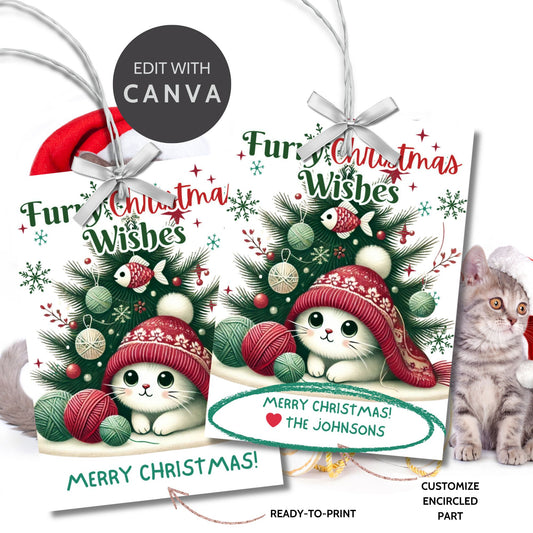 Christmas gift tags featuring an adorable kitten in a festive scene, with the message "Furry Christmas Wishes." These printable and editable tags are perfect for cat lovers and add a cute, cozy touch to holiday gifts.