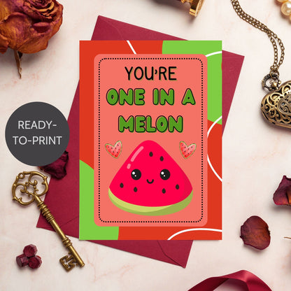 Printable Valentine’s Day Greeting Card featuring the phrase “You’re One in a Melon” with a watermelon theme. Designed as a 5x7 PDF on an 8.5 x 11 sheet with two cards per page. A sweet and punny Valentine’s card for loved ones.