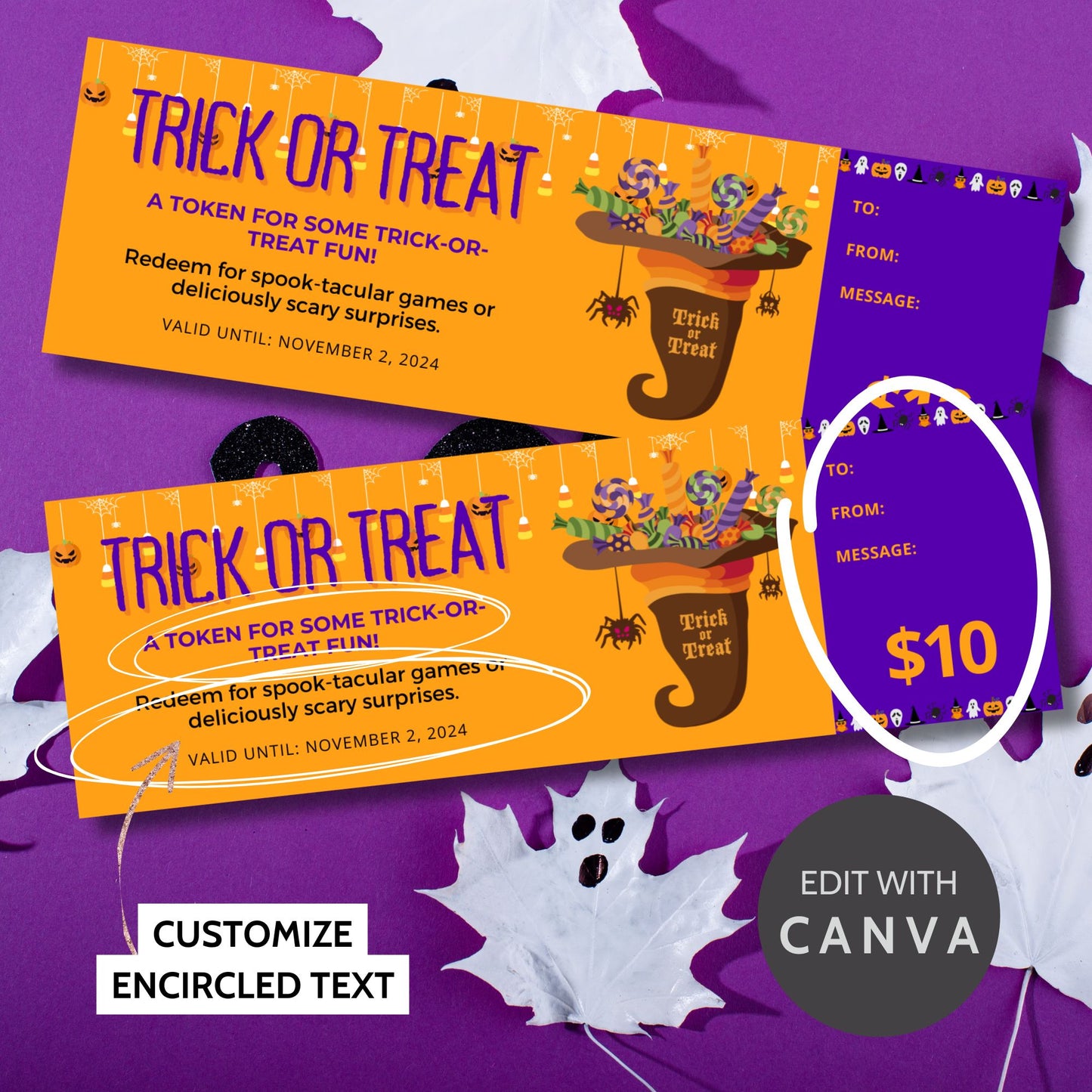 Orange and purple Halloween-themed voucher/gift certificate featuring a cauldron filled with candies, cobwebs, and spiders, offering "Trick or Treat" tokens for spook-tacular games or deliciously scary surprises.