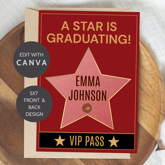 Double-sided Hollywood Walk of Fame-themed graduation invitation with red and gold star design on front and movie ticket-style layout on back. Canva editable 5x7 template.