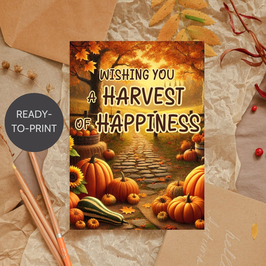 Printable Fall Greeting Card featuring pumpkins and autumn leaves with the message 'Wishing You a Harvest of Happiness,' perfect for seasonal greetings.