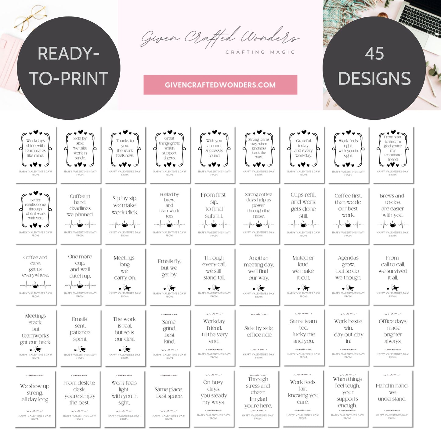 Minimalist black and white rhyming Valentine card printable for work besties and coworkers, designed in a clean office-friendly style.