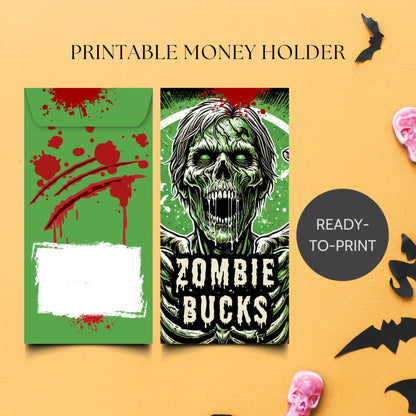 Printable Zombie Bucks Halloween money holders with creepy-cute undead designs, bundled with Zombie Bites Chocolate Bar Wrappers for trick-or-treat or party gifts.