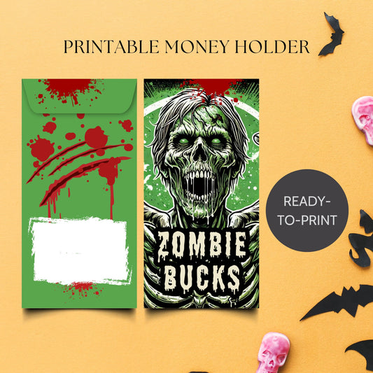 Printable Zombie Bucks Halloween money holders with creepy-cute undead designs, bundled with Zombie Bites Chocolate Bar Wrappers for trick-or-treat or party gifts.