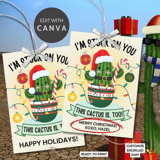 Festive holiday gift tags featuring a cheerful cactus in Christmas attire, perfect for cactus-themed or succulent gifts. Includes printable PDF and editable Canva template.