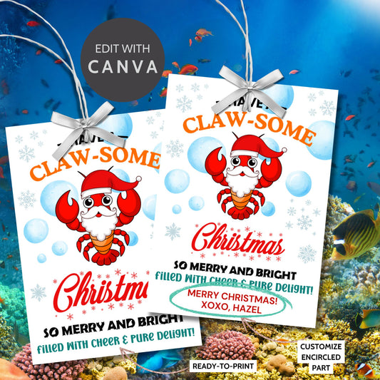 Lobster-themed Christmas gift tags featuring a bright red lobster in a Santa hat surrounded by bubbles and snowflakes, with the cheerful message 'Have a Claw-some Christmas. So Merry and Bright, Filled with Cheer & Pure Delight!' Perfect for adding a coastal charm to holiday gifts.