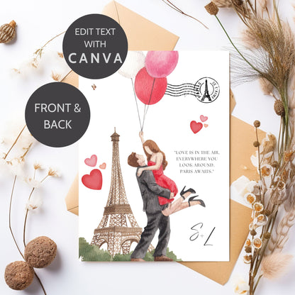 Romantic Paris-themed engagement invitation featuring watercolor Eiffel Tower, couple with heart balloons, and editable text; coordinates with matching 24x36 welcome poster.