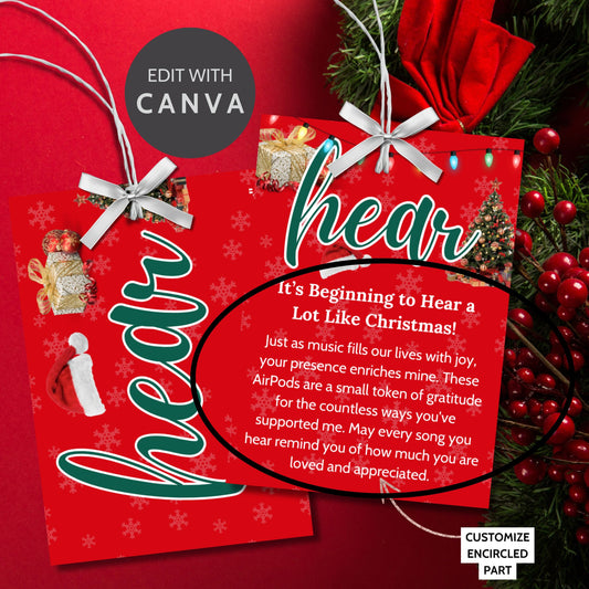 Festive holiday 5 Senses Gift Tags featuring Santa hats, Christmas trees, and snowflakes. Ideal for teachers, nurses, employees, and more. Includes an editable Canva template with personalized descriptions. Double-sided and perfect for spreading holiday cheer! 