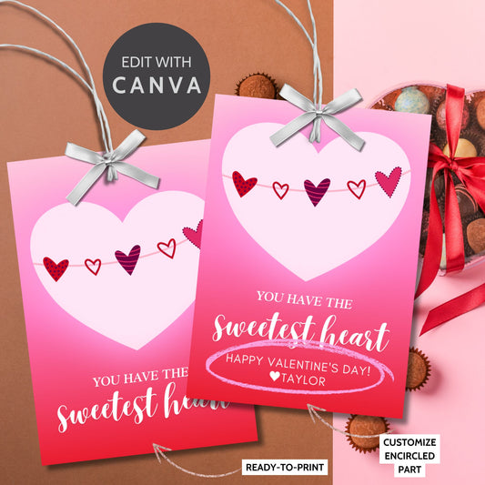 Elegant printable and editable Valentine’s Day gift tags featuring a heart design with the message "You Have the Sweetest Heart." Perfect for pairing with See’s Candies chocolates or any sweet treat.