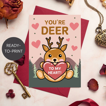 Printable Valentine’s Day Greeting Card featuring the phrase “You’re Deer to My Heart” with a deer illustration. Designed as a 5x7 PDF on an 8.5 x 11 sheet with two cards per page. A heartfelt and punny Valentine’s card for loved ones.