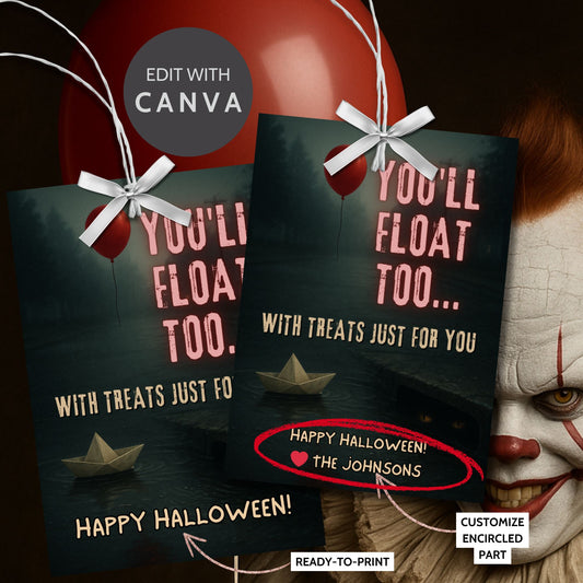Halloween-themed gift bags with text and a red balloon, featuring a person with clown makeup.