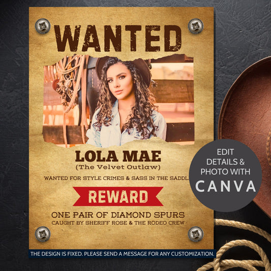 Editable Western WANTED poster template featuring a photo placeholder, customizable reward and name text, rustic parchment background, and bold western-style font