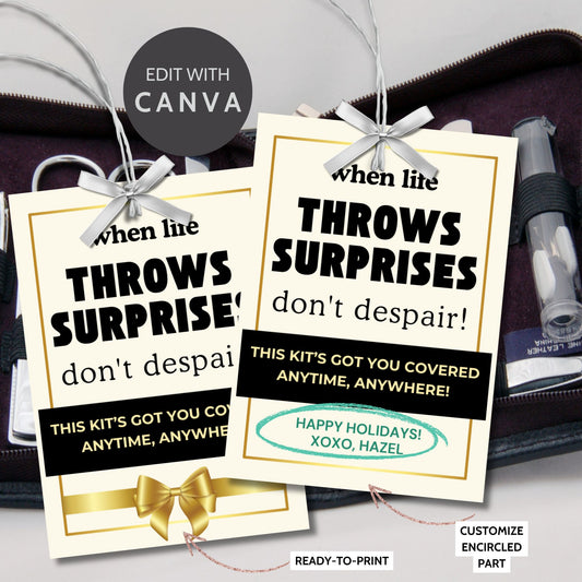 Elegant black and gold "When Life Throws Surprises Don’t Despair!" gift tags, perfect for emergency kits or small survival packs. Includes printable and editable Canva template.