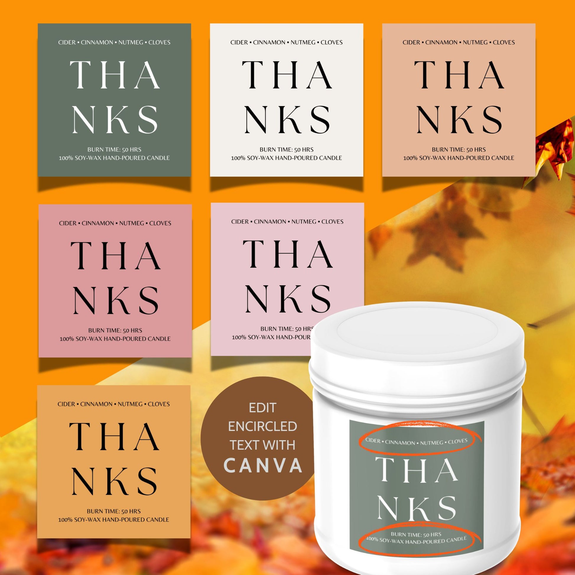 Set of 6 elegant, customizable fall candle labels, featuring warm autumnal colors and themes for a perfect seasonal touch.