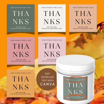 Set of 6 elegant, customizable fall candle labels, featuring warm autumnal colors and themes for a perfect seasonal touch.