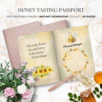 Vintage-style Honey Tasting Passport printable with elegant bees, honeycombs, and rustic honey jars, designed for noting honey-tasting experiences.