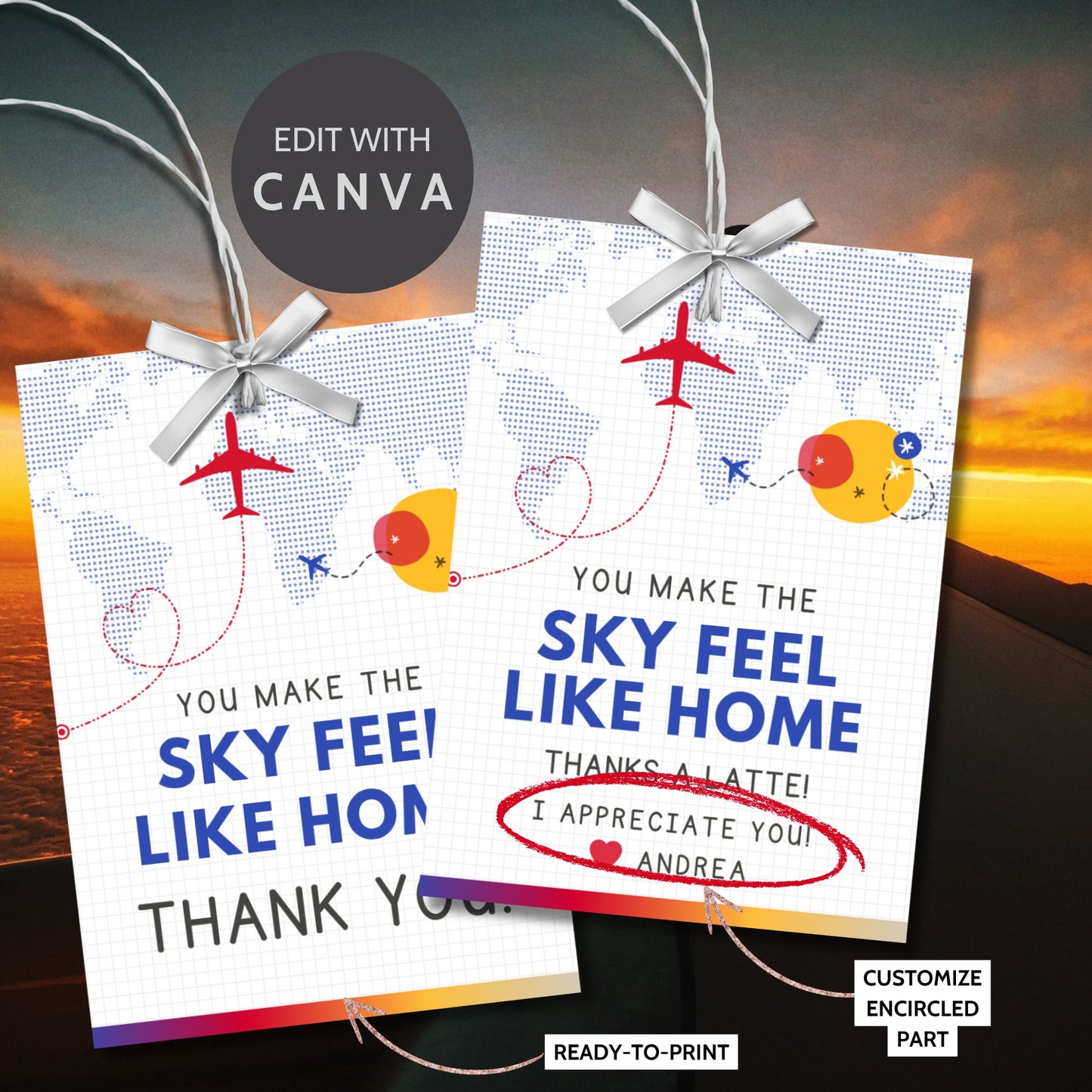 Printable aviation thank you gift tags with bright red, blue, and sunset tones, designed for fun and cheerful flight crew appreciation gifts.