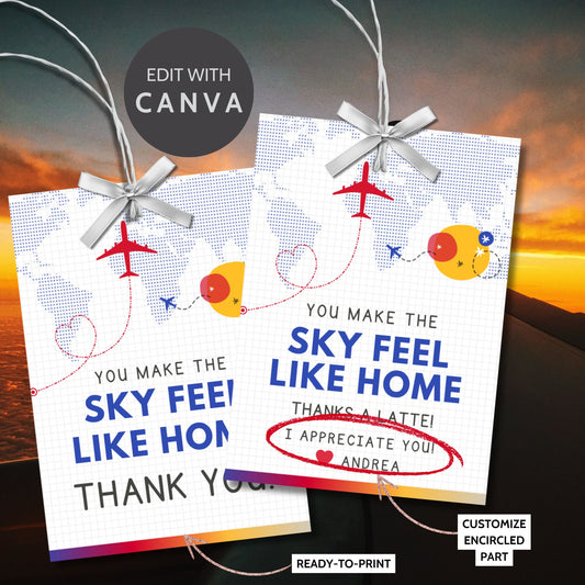 Printable aviation thank you gift tags with bright red, blue, and sunset tones, designed for fun and cheerful flight crew appreciation gifts.