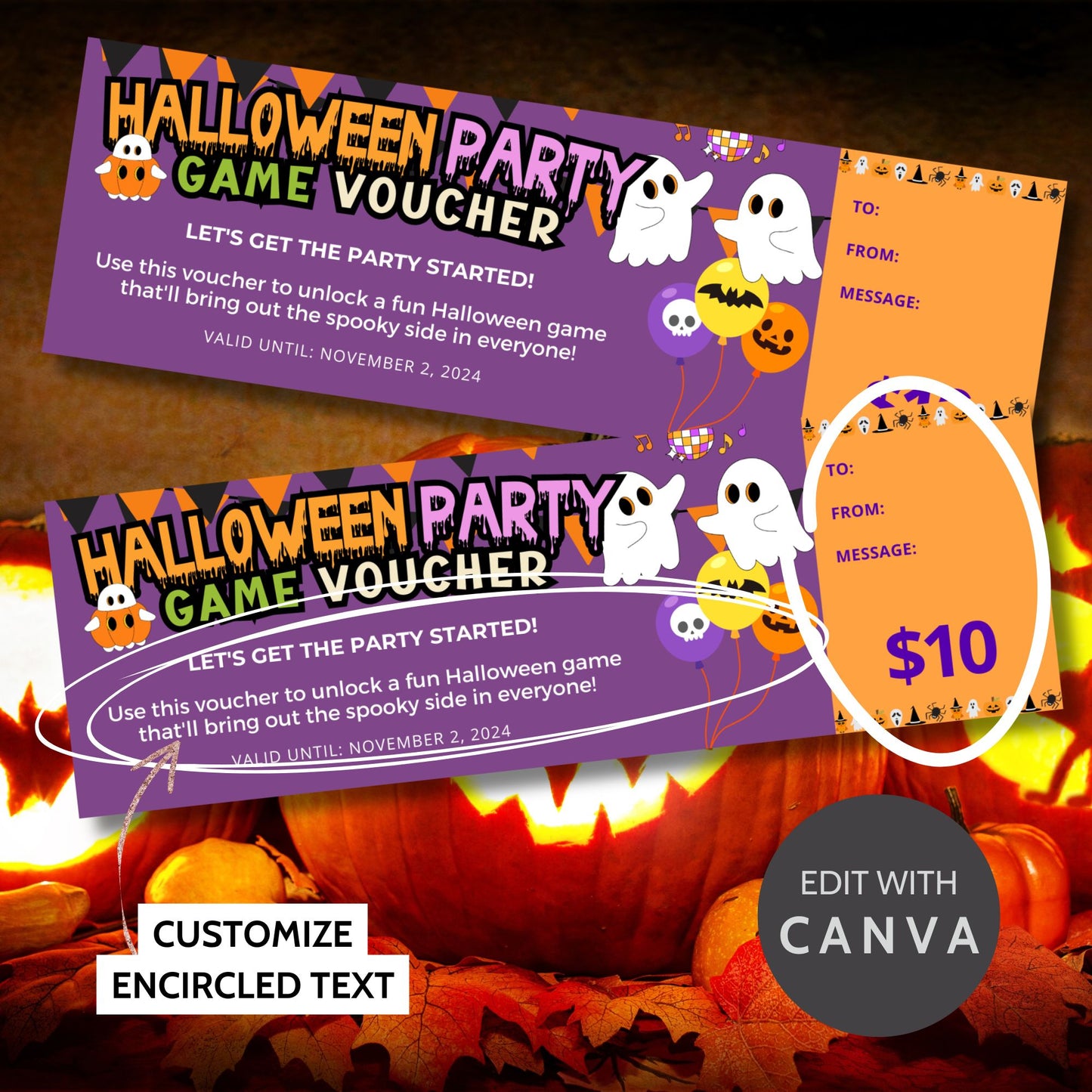 Halloween-themed party game voucher featuring ghosts, balloons, and festive banners, offering a "Halloween Party Game Voucher" to unlock spooky games and activities.