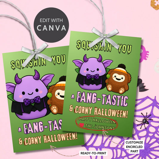 Halloween gift tag reading “SQUISHIN’ YOU A FANGTASTIC AND CORNY HALLOWEEN,” perfect for pairing with Squishmallow treats.