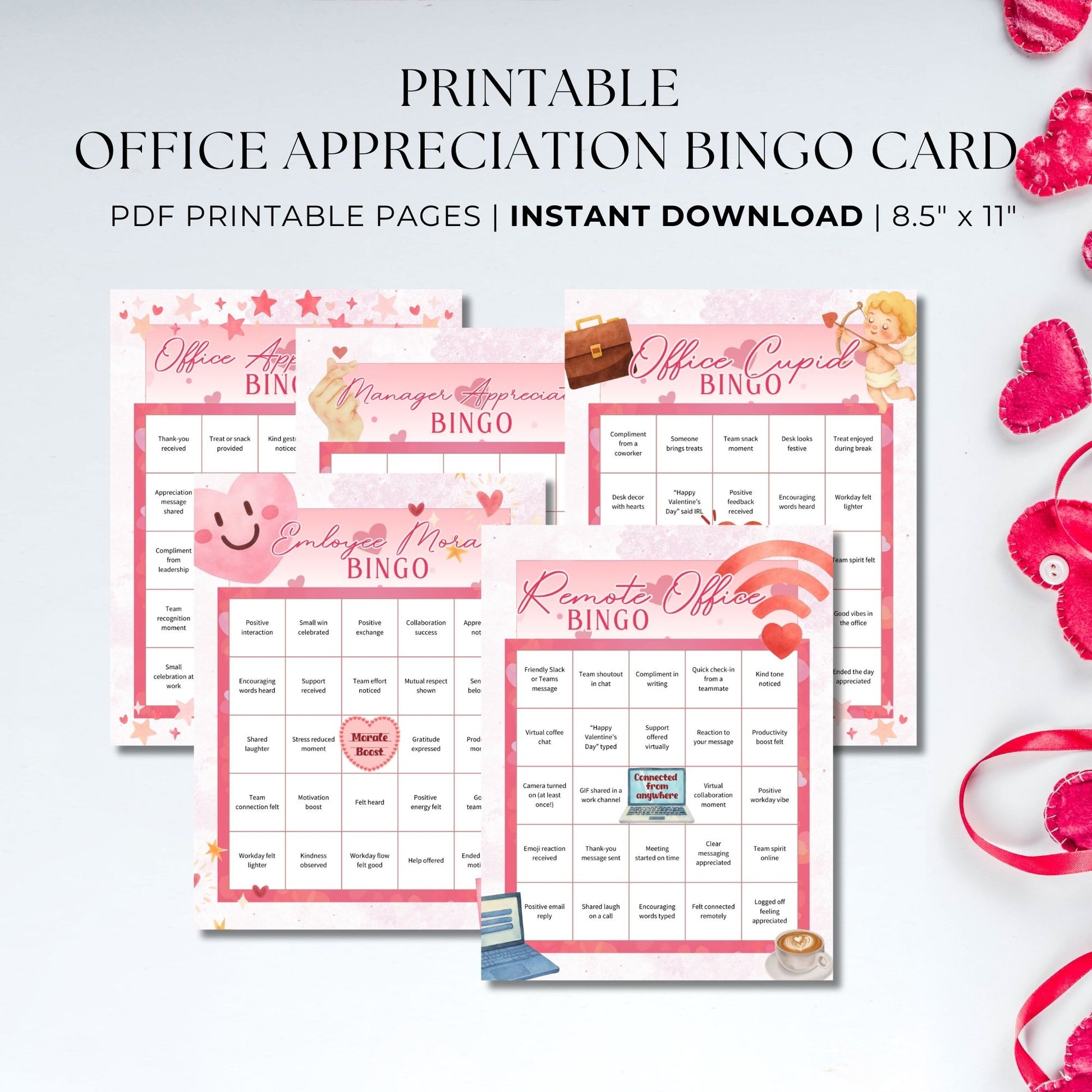 Office Appreciation Bingo printable featuring five work-appropriate bingo cards for office cupid, remote teams, employee morale, office appreciation, and manager recognition, sized 8.5x11.