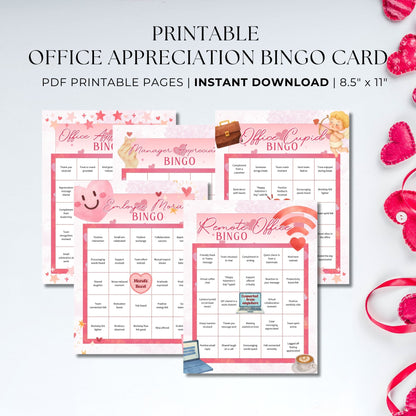 Office Appreciation Bingo printable featuring five work-appropriate bingo cards for office cupid, remote teams, employee morale, office appreciation, and manager recognition, sized 8.5x11.