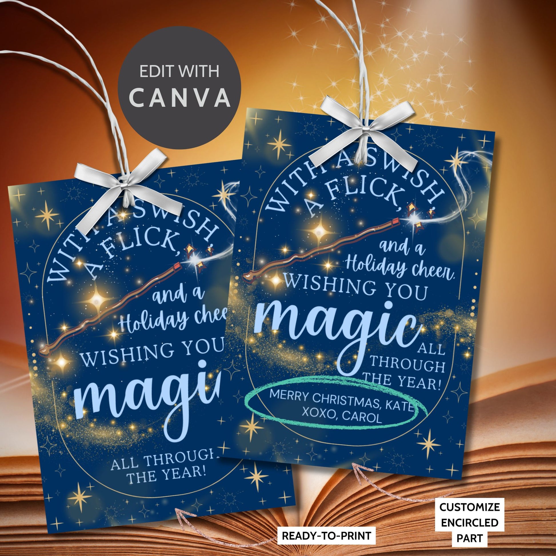 Harry Potter-inspired holiday gift tags featuring a wand, swirling gold magic, and starry background with the message 'With a Swish & Flick and Holiday Cheer, Wishing You Magic All Through the Year.'