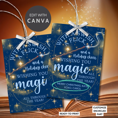 Harry Potter-inspired holiday gift tags featuring a wand, swirling gold magic, and starry background with the message 'With a Swish & Flick and Holiday Cheer, Wishing You Magic All Through the Year.'